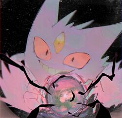  animal_focus black_background black_eyes colored_sclera commentary constricted_pupils energy_ball english_text forehead_jewel gengar grin happy jari_(jje11y12) looking_at_viewer mega_gengar mega_pokemon no_humans pokemon pokemon_(creature) pokemon_move red_sclera shadow_ball_(pokemon) smile solo teeth 