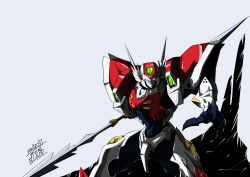  1990s_(style) 1boy absurdres armor highres holding holding_weapon lance looking_at_viewer mecha polearm power_armor power_suit retro_artstyle robot science_fiction scottmohechi simple_background solo standing tatsunoko_pro tekkaman_blade tekkaman_blade_(character) weapon 
