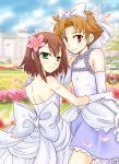  2guys baka_to_test_to_shoukanjuu bare_shoulders blush bow bridal_veil brown_eyes brown_hair crossdressinging dress elbow_gloves flower gloves green_eyes hair_bow hair_flower hair_ornament hairclip hand_on_shoulder kinoshita_hideyoshi multiple_boys musukichi short_hair smile trap veil wedding wedding_dress yaoi yoshii_akihisa 