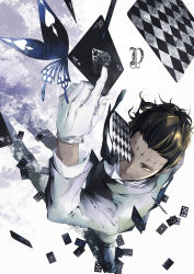  1boy black_butterfly black_hair black_necktie black_pants black_shoes black_vest bug butterfly card collared_shirt colored_skin d.gray-man dress_shirt earrings facial_mark floating_card floating_clothes forehead_mark from_above gloves grey_background grey_shirt grey_skin hair_slicked_back hand_up highres holding holding_card jewelry layered_shirt long_sleeves looking_at_viewer male_focus mature_male mole mole_under_eye necktie noah_(d.gray-man) pants playing_card shadow shirt shoes short_hair single_glove smile solo stud_earrings teez_(d.gray-man) tsukini_shigure tyki_mikk vest wavy_hair white_background white_gloves white_shirt yellow_eyes 