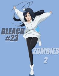  1boy :3 :d antenna_hair black_hair black_pantyhose bleach bleach:_sennen_kessen-hen blue_background blue_eyes boots buttons commentary_request copyright_name corrupted_twitter_file double-breasted dress episode_number eyebrows_hidden_by_hair eyelashes floating_hair full_body giselle_gewelle hair_over_shoulder hat heart_pouch highres long_hair looking_at_viewer male_focus mini_hat official_artist_extra open_mouth outstretched_arms pantyhose sha11021997 short_dress simple_background smile solo standing standing_on_one_leg straight_hair tareme teeth trap upper_teeth_only very_long_hair white_boots white_dress white_hat 