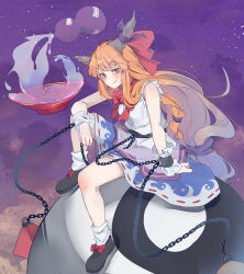  1girl alcohol bow brown_hair chain cup gourd hair_bow highres holding holding_gourd horn_bow horn_ornament horn_ribbon horns ibuki_suika kanaria_(bcomn) long_hair oni open_mouth ribbon sakazuki sake single_horn sleeveless smile solo touhou 