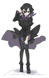  1girl bags_under_eyes black_corset black_dress black_hair black_pantyhose breasts corset dress earrings hair_between_eyes hex_maniac_(pokemon) hex_maniac_(pokemon_legends:_z-a) jewelry juliet_sleeves large_breasts large_earrings long_hair long_sleeves neck_ribbon open_mouth pantyhose pokemon pokemon_legends:_z-a puffy_sleeves purple_ribbon raine_(acke2445) ribbon solo sphere_earrings violet_eyes 