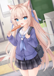  1girl :d animal_ears bag black_skirt blonde_hair blue_cardigan blue_eyes blue_ribbon cardigan cat_ears commentary_request food hair_ornament hair_ribbon highres holding holding_food holding_skewer indoors long_hair long_sleeves looking_at_viewer miniskirt mochizuki_riku open_mouth original plaid_clothes plaid_skirt pleated_skirt ribbon sausage school_uniform skewer skirt smile solo train_station two_side_up very_long_hair 