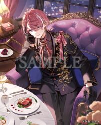  1boy ahoge alcohol armchair belt_collar black_collar black_gloves black_jacket black_pants black_suit blurry bokeh box brooch brown_shirt buttons cake carpet chair cherry_tomato collar collared_shirt copyright_notice cowboy_shot cuff_links cup curtains cushion depth_of_field diamond_button drinking_glass ear_covers earrings elbow_rest esukee fish_(food) floral_print floral_print_jacket flower food fork formal_clothes fruit garnish gem gift gift_box gloves gold_earrings gold_trim hair_between_eyes hair_ornament hairclip hand_on_own_cheek hand_on_own_face indoors jacket jewelry key lamp lapels long_sleeves looking_at_viewer male_focus minase_(neo-porte) mole mole_under_eye multicolored_hair muntins neck_ribbon neo-porte night official_art orange_flower orange_rose pants parted_lips pink_hair pink_ribbon plate print_jacket raspberry red_gemstone ribbon ring rose rose_print sample_watermark sauce serving_cart shawl_lapels shirt short_hair shoulder_necklace sitting smile solo spoon steak streaked_hair suit suit_jacket table table_knife tablecloth tomato violet_eyes virtual_youtuber watermark white_hair white_wine window wine wine_glass 