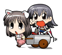  2000s_(style) 2girls :d animal_ears azumanga_daioh black_pantyhose blue_shorts brown_eyes brown_jacket cat_ears chibi chibi_only coat commentary_request cosplay droopy_ears fishnet_pantyhose fishnets full_body fur-trimmed_coat fur_trim grey_eyes grey_hair jacket kasuga_ayumu medium_hair merchant_(ragnarok_online) merchant_(ragnarok_online)_(cosplay) multiple_girls nagisuke open_mouth pantyhose pink_skirt pullcart ragnarok_online raised_inner_eyebrows red_coat red_shoes rogue_(ragnarok_online) rogue_(ragnarok_online)_(cosplay) shirt shoes short_shorts shorts simple_background skirt smile takino_tomo v-shaped_eyebrows white_background white_shirt wristband 