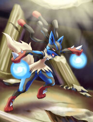  column commentary_request energy_ball fangs full_body highres hooh_lin lucario mega_lucario mega_pokemon open_mouth pillar pokemon pokemon_(creature) pokemon_focus red_eyes ruins solo spikes 