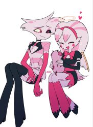  1boy 1girl :3 :d ^_^ angel_dust animal animal_on_lap black_boots black_bow black_bowtie black_choker black_dress black_sclera black_skirt boots bow bowtie brooch brother_and_sister choker circle_facial_mark closed_eyes closed_mouth colored_sclera commentary_request crossed_arms dress elbow_gloves extra_arms extra_legs eyeshadow facial_mark fat_nuggets fewer_digits frilled_dress frills furry furry_female furry_male gloves hairband halo hazbin_hotel heart hellaverse highres holding holding_animal horns invisible_chair jewelry juliet_sleeves long_hair long_sleeves looking_at_another makeup menma_(enaic31) miniskirt mismatched_sclera molly_(hazbin_hotel) on_lap open_mouth pencil_skirt pig pink_bow pink_bowtie pink_eyes pink_eyeshadow pink_gloves pink_hairband pink_shirt puffy_sleeves raised_inner_eyebrows shirt siblings signature simple_background sitting skirt smile striped_clothes striped_shirt thigh_boots traditional_bowtie twins two-tone_shirt two-tone_wings very_long_hair white_background white_fur white_gloves white_shirt white_wings wings yellow_halo yellow_wings 