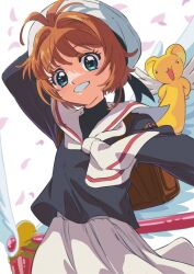  1girl arm_up black_shirt brown_hair cardcaptor_sakura cowboy_shot fuuin_no_tsue green_eyes grin gyuhii hat highres kero_(cardcaptor_sakura) kinomoto_sakura long_sleeves neckerchief open_mouth pleated_skirt sailor_collar school_uniform serafuku shirt short_hair skirt smile turtleneck turtleneck_shirt white_hat white_neckerchief white_sailor_collar white_skirt 