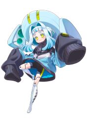  1girl black_bodysuit black_jacket blue_hair blue_hat blue_jacket blunt_bangs blush bodysuit bodysuit_under_clothes closed_mouth colored_eyelashes colored_inner_hair full_body gradient_hair hair_intakes hands_up hasegawa_umi hat highres jacket large_hat leg_lift long_sidelocks looking_at_viewer mechanical_legs medium_hair multicolored_hair multicolored_jacket official_art oversized_clothes oversized_jacket poron-chan second-party_source short_bangs short_eyebrows sidelocks sleeves_past_fingers sleeves_past_wrists smile solo square_pupils track_jacket transparent_background very_long_sleeves voicepeak white_hair yellow_eyes zipper 