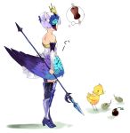  armor armored_dress bare_shoulders bird boned_meat chick crown food gwendolyn hair_bun meat oboro_keisuke odin_sphere polearm seed spear thighhighs thought_bubble weapon white_hair wings 