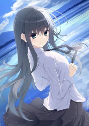  1girl absurdres backlighting black_feathers black_hair black_necktie black_skirt blue_sky blush closed_mouth collared_shirt commentary_request cowboy_shot day feathers floating_hair floating_neckwear green_eyes hair_between_eyes highres holding holding_feather kimuratamashi long_hair long_sleeves looking_at_viewer mountainous_horizon natsume_ai necktie ocean outdoors sakura_no_toki sakura_no_uta shirt sidelocks skirt sky smile solo split_mouth straight_hair very_long_hair white_shirt wind 