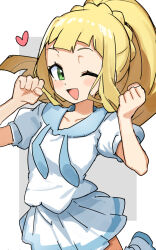  1girl blonde_hair blue_sailor_collar blush breasts gazacy_(dai) green_eyes high_ponytail highres lillie_(pokemon) long_hair looking_at_viewer one_eye_closed open_mouth pleated_skirt pokemon pokemon_usum ponytail sailor_collar shirt short_sleeves skirt small_breasts smile solo white_shirt white_skirt 
