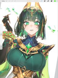  1girl ancient_egyptian_clothes breasts bright_pupils claw_ring elbow_gloves eye_tattoo facial_mark fake_claws finger_claws gem genshin_impact gloves green_eyes green_gemstone green_hair green_streaks hair_ornament headpiece highres jewelry large_breasts looking_at_viewer lucadark_art mark_under_eye mole mole_under_eye nefer_(genshin_impact) short_hair solo symbol-shaped_pupils tattoo triangle-shaped_pupils upper_body usekh_collar white_background white_pupils 
