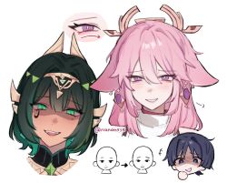  1boy 2girls :d black_hair bright_pupils dark-skinned_female dark_skin facial_mark genshin_impact green_eyes green_hair grin looking_at_viewer multiple_girls nefer_(genshin_impact) nonons open_mouth pink_hair scaramouche_(genshin_impact) shirt short_hair simple_background smile violet_eyes white_background white_pupils white_shirt yae_miko 