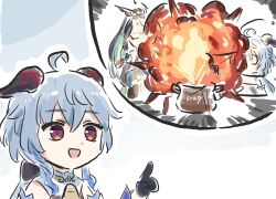  2girls ahoge black_gloves blue_hair detached_sleeves explosion ganyu_(genshin_impact) genshin_impact gloves goat_horns hand_up highres horns long_sleeves multiple_girls open_mouth simple_background smile spoken_character white_background xianyun_(genshin_impact) xinzoruo 