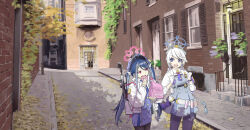  2girls ahoge alley antenna_hair armband bag blue_archive blue_dress blue_eyes blue_hair blue_halo blue_skirt blue_vest braid commentary_request day desuyone0502 doughnut dress eating european_architecture food fubuki_(blue_archive) gloves gun gun_sling halo hat highres holding holding_bag holding_donut holding_food holstered house jacket kirino_(blue_archive) leaf long_hair long_sleeves multicolored_hair multiple_girls necktie open_mouth outdoors pantyhose pink_halo plant police police_badge police_hat police_uniform policewoman potted_plant purple_armband red_eyes revolver rifle road ruger_mini-14 scenery skirt smith_&amp;_wesson_360 smoke_grenade street twin_braids twintails urban vest weapon white_gloves white_hair white_jacket window 