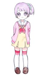  1girl arms_behind_back brown_shoes cardigan child commentary dot_nose dress green_scrunchie hashtag-only_commentary highres legs_apart loafers long_sleeves looking_at_viewer manaka_non manaka_non_(normal) mung_hie neckerchief no_pupils paprika_private_academy_school_uniform pink_cardigan pink_neckerchief pink_thighhighs pretty_series pripara purple_hair sailor_collar school_uniform scrunchie shoes short_dress short_hair side_ponytail simple_background smile solo standing straight-on straight_hair symbol-only_commentary thigh-highs two-tone_thighhighs violet_eyes white_background white_sailor_collar white_thighhighs yellow_dress zettai_ryouiki 