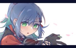  1girl :o asahi_rokka bang_dream! black_gloves black_jacket blue_hair blurry braid braided_bangs collared_jacket colored_tips commentary_request criss-cross_strings depth_of_field falling_petals gloves goggles goggles_around_neck green_eyes green_hair hair_between_eyes hair_ribbon half_gloves hand_up high_ponytail highres holding holding_plectrum jacket letterboxed looking_at_viewer medium_hair multicolored_hair multicolored_jacket official_alternate_costume open_mouth petals pink_petals plectrum ponytail portrait print_jacket red_jacket red_ribbon ribbon solo strap sweat tassel two-tone_hair two-tone_jacket umaa42 white_background 