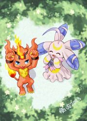  1boy 1girl absurdres blue_eyes blurry blurry_background chibikemo coronamon crescent digimon digimon_(creature) fire furry furry_female furry_male highres lion lunamon rabbit tsukaima_(vfcou) 