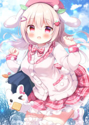  1girl :o animal animal_ears bag bag_charm beret blush bow bowtie bread bread_slice cardigan charm_(object) commentary_request day floating_hair food food-themed_hair_ornament foot_out_of_frame foot_up frilled_cardigan hair_between_eyes hair_ornament hairclip hat highres kotoriifu layered_skirt leaf_hair_ornament long_bangs long_hair long_sleeves miniskirt open_mouth original outdoors pink_bow pink_bowtie pink_hair pink_hat pink_skirt plaid_clothes plaid_skirt pleated_skirt pom_pom_(clothes) rabbit rabbit_ears rabbit_girl school_bag school_uniform skirt solo strawberry_hair_ornament toast white_cardigan 