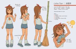  1girl absurdres bandaid bandaid_on_cheek bandaid_on_face bare_shoulders blue_shoes blue_skirt blush bow_hairband broom brown_eyes brown_hair camisole character_name character_profile collarbone english_commentary english_text full_body hairband hand_fan height highres holding holding_broom hot juice_box long_hair loose_socks multiple_views one_eye_closed open_mouth original print_camisole red_hairband reference_sheet shoes simple_background skirt socks solo standing sweat tan white_background wonemie 