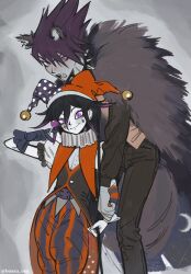  2boys absurdres animal_costume animal_ears black_gloves black_hair blush danganronpa_(series) danganronpa_v3:_killing_harmony facial_hair fangs flipped_hair gloves hair_between_eyes hat highres jester jester_cap jester_costume long_sleeves looking_at_viewer male_focus miri_(bossu_osu) momota_kaito multiple_boys oma_kokichi pants puffy_sleeves purple_hair shirt short_hair smile spiky_hair striped_clothes striped_pants wolf_costume wolf_ears 