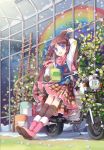  blue_eyes boots brown_hair ei_(pakirapakira) flower gloves highres jin_young-in ladder leaning motor_vehicle motorcycle oekaki_musume open_mouth original paint paint_bucket paintbrush rainbow smile solo thigh-highs thighhighs twintails vehicle 