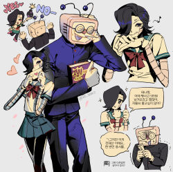  2boys :q ant_tenna black_hair black_jacket black_pants black_pantyhose blue_eyes bomb bow clothed_robot coke-bottle_glasses commentary deltarune dt_sdr7 english_commentary explosive falling_petals fang glasses gloves green_sailor_collar green_skirt grey_background hand_on_own_head heart highres holding holding_bomb holding_key holding_letter humanoid_robot jacket key korean_text letter long_nose love_letter male_focus mechanical_arms mettaton mettaton_ex multiple_boys pants pantyhose petals pleated_skirt pointy_nose radio_antenna red_bow robot sailor_collar school_uniform shirt short_hair skirt smile speech_bubble sweat tongue tongue_out trembling twitter_username undertale utdr_(toby_fox) white_gloves white_shirt 