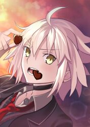  1girl ahoge black_choker black_jacket candy chocolate choker collared_shirt commentary_request fate/grand_order fate_(series) food grey_hair heart heart-shaped_chocolate heart-shaped_food highres id_(fate/grand_order) jacket jeanne_d&#039;arc_alter_(fate) long_sleeves looking_at_viewer mouth_hold necktie official_alternate_costume outdoors pseudo-tokyo_school_uniform red_necktie school_uniform shirt short_hair sky solo valentine yuzu_sanma 