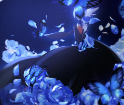  1girl alternate_color arm_up black_dress black_gloves blue_background blue_butterfly blue_flower blue_hair blue_rose blue_theme blurry blurry_foreground bob_cut bug butterfly butterfly_on_hand colored_skin commentary_request covered_face dated_commentary dress elbow_gloves flat_chest flower from_side gardevoir gloves hand_up highres iogi_(iogi_k) long_dress mega_gardevoir mega_pokemon partial_commentary petals pokemon pokemon_(creature) profile rose shiny_pokemon short_hair solo strapless strapless_dress white_skin 