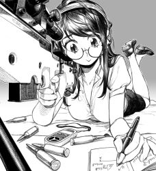  1girl accuracy_international ai_arctic_warfare anemometer bolt_action bullet cheek_press collared_shirt commentary crossed_ankles ear_protection electric_niw english_commentary equation feet_up geometry glasses greyscale gun holding holding_pen long_hair lying math monochrome notepad on_stomach original pen rifle scope shirt shoes simple_background sniper_rifle solo tools trigonometry weapon weapon_request writing 