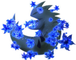  animal_focus claws closed_eyes closed_mouth commentary_request dated_commentary flower full_body glowing glowing_flower gracidea highres holding holding_flower iogi_(iogi_k) no_humans partial_commentary pokemon pokemon_(creature) simple_background solo tyranitar u_u white_background 