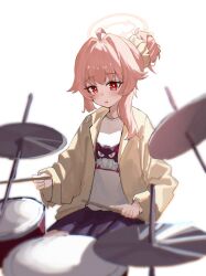  1girl absurdres ahoge backlighting black_skirt blue_archive blush bright_pupils cowboy_shot drum drumsticks hair_between_eyes hair_bun hair_intakes hair_ornament hair_scrunchie halo highres holding holding_drumsticks instrument jacket long_hair long_sleeves miniskirt natsu_(band)_(blue_archive) natsu_(blue_archive) official_alternate_costume official_alternate_hairstyle open_clothes open_jacket open_mouth pink_hair pink_halo pleated_skirt red_eyes scrunchie shirt sidelocks single_hair_bun sitting skirt solo tsurime white_pupils white_shirt wide_sleeves xiaoxiaoyifan yellow_jacket yellow_scrunchie 