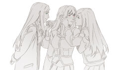  3girls blue_eyes coat commentary_request dual_persona fujino_shizuru fuuka_academy_school_uniform greyscale guri_gom hand_in_another&#039;s_hair hand_on_another&#039;s_face hand_on_another&#039;s_shoulder imminent_kiss korean_commentary kuga_natsuki long_hair long_sleeves monochrome multiple_girls my-hime my-otome natsuki_kruger parted_lips pink_eyes school_uniform spot_color yuri 