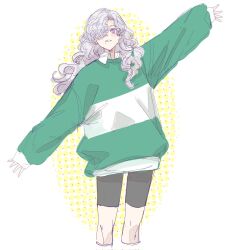  1girl alternate_costume arm_up bike_shorts black_shorts cowboy_shot curly_hair green_sweater grin hair_over_one_eye halftone halftone_background hand_up highres long_hair looking_at_viewer mmihpyy mole mole_under_mouth one_eye_covered oversized_clothes reverse:1999 shirt shorts sketch smile solo standing sweater violet_eyes white_background white_hair white_shirt windsong_(reverse:1999) 