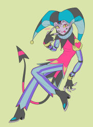  1boy :p absurdres aqua_hat aqua_pants black_boots black_gloves black_tail boots circle_facial_mark colored_sclera colored_shoe_soles colored_skin commentary_request demon_boy demon_tail eyeshadow fingerless_gloves fizzarolli_(helluva_boss) forked_tongue full_body gloves hair_between_eyes hand_up hat hat_bell heart heart_print hellaverse helluva_boss high_heel_boots high_heels highres humanization jester jester_cap knees_together_feet_apart long_sleeves looking_at_viewer makeup male_focus menma_(enaic31) neck_ruff pants pink_eyes pink_shirt purple_eyeshadow purple_pants red_tail shirt short_hair signature simple_background solo standing standing_on_one_leg striped_clothes striped_pants striped_tail tail tongue tongue_out two-tone_pants two-tone_tail uneven_eyes vertical-striped_clothes vertical-striped_pants very_short_hair w w_over_eye white_hair white_skin wristband yellow_background yellow_sclera 