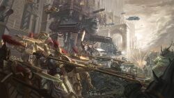  6+boys adeptus_astartes adeptus_custodes armor battle blue_armor chaos_space_marine death_guard explosion full_armor gold_armor gunship helmet highres horus_heresy multiple_boys nurgle pauldrons plague_marine polearm power_armor roboute_guilliman shield shouhui_lang_qun shoulder_armor spear sword tassel thunderhawk_(warhammer_40k) titan_(warhammer_40k) ultramarines warhammer_40k weapon 