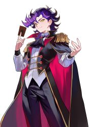  1boy absurdres ai_(yu-gi-oh!) black_cape black_coat black_hair black_pants cape card coat highres holding holding_card male_focus multicolored_hair nbee_ya pants purple_hair shirt simple_background solo trading_card two-tone_hair white_background white_shirt yellow_eyes yu-gi-oh! yu-gi-oh!_vrains 
