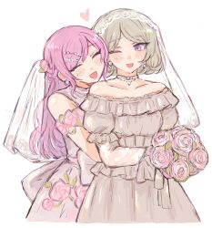  2girls ;d alternate_hair_length alternate_hairstyle back_bow bare_shoulders behind_another blush bob_cut bouquet bow braid breasts choker clothing_cutout collarbone cropped_torso dress dress_flower earrings facing_viewer flower frilled_dress frilled_sleeves frills green_hair grey_dress hair_between_eyes hair_ornament half_up_braid highres holding holding_bouquet jewelry kusanagi_nene lace lace_sleeves layered_sleeves leaf long_hair long_sleeves looking_at_another multiple_girls off-shoulder_dress off_shoulder one_eye_closed ootori_emu open_mouth pink_flower pink_hair pink_rose project_sekai puffy_short_sleeves puffy_sleeves rose sana5353 see-through_clothes see-through_veil short_hair short_over_long_sleeves short_sleeves shoulder_cutout simple_background small_breasts smile veil violet_eyes wedding_dress white_background white_bow white_choker white_veil wife_and_wife yuri 