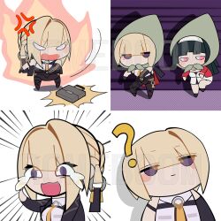  ? angry blonde_hair chibi emoji evelyn_chevalier jacket necktie nervous_laughter romeboom simple_background sneaking white_background zenless_zone_zero 