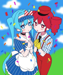  +_+ 2girls :o black_choker black_necktie blue_dress blue_eyes blue_hair blue_sky blush_stickers bow choker clouds cloudy_sky commentary confetti dress drill_hair gloves hair_bow hat hatsune_miku kasane_teto long_hair looking_at_viewer mesmerizer_(vocaloid) multiple_girls necktie open_mouth outdoors overalls own_hands_clasped own_hands_together pinstripe_dress pinstripe_pattern pinstripe_shirt red_bow red_eyes red_hair red_hat red_overalls shirt sky smiley_face symbol-only_commentary tamakiwachi twin_drills twintails very_long_hair visor_cap vocaloid white_bow yellow_gloves 
