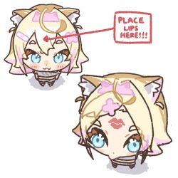  1girl ahoge animal_ear_fluff animal_ears aosan blonde_hair blue_eyes chibi chibi_only dog_ears dog_girl fang from_above hair_between_eyes hair_ornament highres hololive hololive_english lipstick_mark lipstick_mark_on_face lipstick_mark_on_forehead looking_at_viewer meme midriff mococo_abyssgard mococo_abyssgard_(1st_costume) multicolored_hair pink_hair place_lips_here_(meme) virtual_youtuber x_hair_ornament 