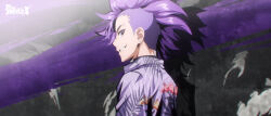  1boy absurdres anime_screenshot buzz_cut chinese_commentary commentary_request copyright_logo dragon_boy_(to_be_hero_x) drop_shadow eyebrow_piercing face_piercing floral_print highres logo looking_at_viewer looking_back male_focus mohawk official_art piercing popped_collar promotional_art purple_hair purple_shirt shirt short_hair smirk solo to_be_hero to_be_hero_x upper_body very_short_hair violet_eyes 