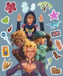  4boys adjusting_clothes adjusting_headwear aqua_helmet aqua_sweater argyle_clothes argyle_sweater arrow_(jojo) ashylotl black_shirt blonde_hair braid brown_gloves cleavage_cutout clothing_cutout colosseum curly_hair diego_brando dinosaur dio_brando ear_birthmark earrings flower giorno_giovanna giorno_giovanna&#039;s_pose gloves green_eyes grey_hair grey_shirt hair_between_eyes hair_ornament heart_ornament helmet high_collar highres hood hood_up hooded_overalls horse jacket jewelry jodio_joestar jodio_joestar&#039;s_pose johnny_joestar jojo_no_kimyou_na_bouken jojo_pose ladybug_ornament long_bangs male_focus multiple_boys palm_tree purple_jacket scar scar_on_neck shirt signature silver_bullet_(jojo) spurs star_(symbol) star_hair_ornament steel_ball_run stone_ocean sweater the_jojolands tree turtleneck turtleneck_sweater union_jack vento_aureo weapon wing_ornament wristband 