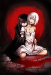  bandage bandages black_hair black_robe blindfold blood cross floor gia highres hug hug_from_behind licking multiple_girls original pale_skin red_eyes short_hair sitting tongue vampire wariza white_hair yuri 