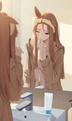  1girl animal_ears aqua_eyes bangs_pinned_back blurry blush brown_camisole brown_jacket brown_shorts brushing_teeth camisole commentary_request depth_of_field hairband highres holding holding_toothbrush horse_ears horse_girl indoors jacket long_hair mirror ningen_gokko one_eye_closed orange_hair reflection reflection_focus shorts silence_suzuka_(umamusume) single_bare_shoulder single_off_shoulder sink solo toothbrush toothbrush_in_mouth toothpaste umamusume yellow_hairband 