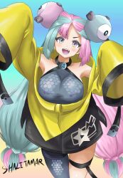 1girl artist_name blue_hair bow-shaped_hair breasts character_hair_ornament criss-cross_halter fake_hair_bun grey_pantyhose hair_ornament halter_shirt halterneck hexagon_print highres iono_(pokemon) jacket large_breasts long_hair magnemite multicolored_hair open_mouth oversized_clothes pantyhose pantyhose_under_shorts pink_hair pokemon pokemon_sv shalitamary sharp_teeth shorts single_leg_pantyhose sleeves_past_fingers sleeves_past_wrists smile solo split-color_hair teeth twintails very_long_sleeves x_(symbol) yellow_jacket