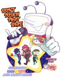  1girl 1other 2boys ant_tenna belt black_boots black_choker black_gloves black_hat black_pants black_vest blue_pants blush_stickers boots choker colored_skin colored_teeth commentary cowboy_hat crt deltarune drumsticks english_commentary english_text freckles furry furry_female furry_male gloves goat_boy green_boots green_gloves green_shirt hat heart highres holding holding_drumsticks holding_microphone jacket kris_(dark_world)_(deltarune) kris_(deltarune) long_nose microphone multiple_boys necktie object_head orrinmorgentau pants pink_skin pointy_nose purple_hair radio_antenna ralsei red_jacket scarf shirt shoes single_blush_sticker smile susie_(dark_world)_(deltarune) susie_(deltarune) suspenders torn_clothes torn_pants torn_shirt utdr_(toby_fox) vest white_gloves yellow_necktie yellow_shoes yellow_teeth 