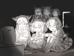  6+girls :3 =_= absurdres ahoge animal_ears behind_another blue_dragon_(kemono_friends) blurry blurry_background boa_constrictor_(kemono_friends) bow bowtie braid chibi chibi_only commentary_request constricted_pupils controller crt door dragon_ears dragon_girl dragon_tail ezo_red_fox_(kemono_friends) fangs fingerless_gloves fishnet_gloves fishnet_pantyhose fishnets fox_ears fox_girl fox_tail game_console game_controller gloves greyscale hair_between_eyes highres holding holding_controller holding_game_controller horns indoors jacket kemono_friends kemono_friends_3 long_hair looking_at_another looking_at_object miniskirt monochrome multicolored_hair multiple_girls necktie onefiresticks open_door open_mouth pantyhose playing_games pleated_skirt raised_inner_eyebrows shirt side-by-side silver_fox_(kemono_friends) single_braid sitting skirt smile snake_tail tail television titanoboa_(kemono_friends) two-tone_hair v-shaped_eyebrows white_dragon_(kemono_friends) 